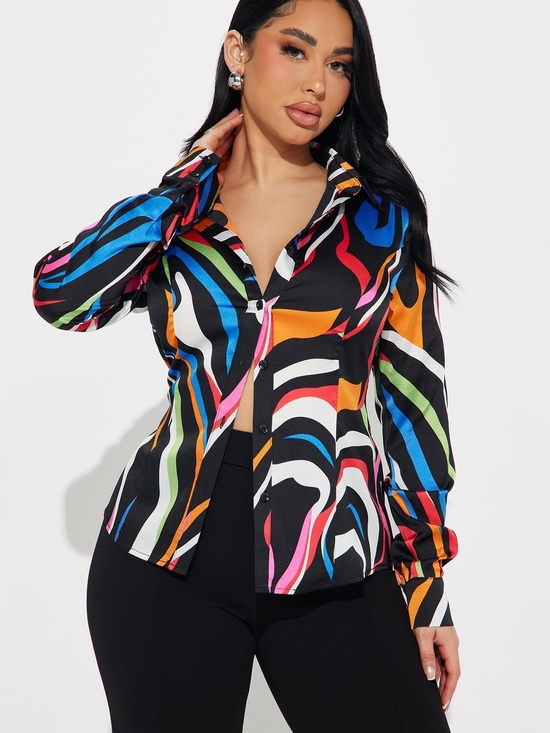 Fashion Nova Tops - Fashion Nova Black Multicolor Wave-Print Button Down Shirt